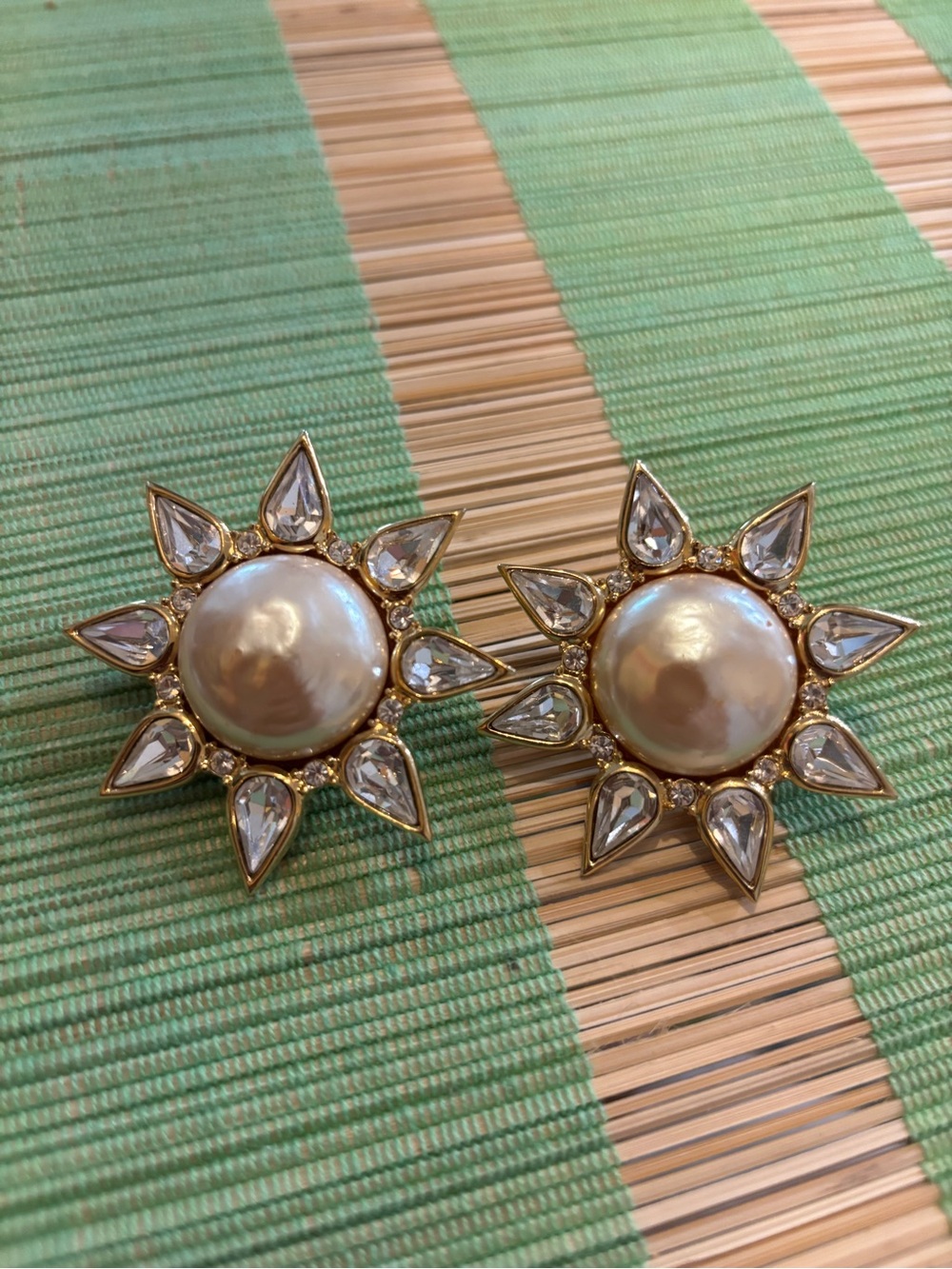 Gold Pearl Sunburst Clip-On Earrings - Pearl & Crystal Accents
